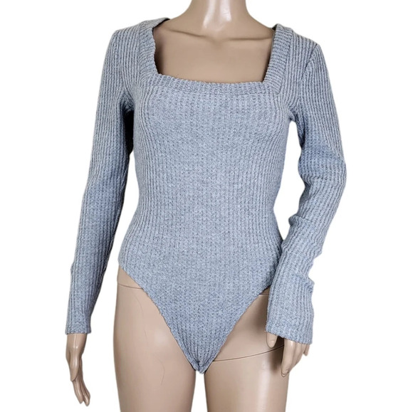 Steve Madden Grey Brushed Rib Long Sleeve Square Neck Bodysuit - Picture 1 of 5